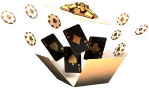 Gold casino cards and chips flying out of gold gift box