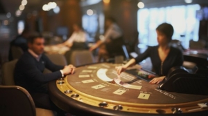 Picture1 female dealer in casino dealing cards to male