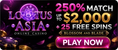 Lotus Asia 250% match up to $2,000 plus 25 free spins on Blossom and Blade