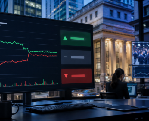 Unbranded bank and prediction-market editorial scene
