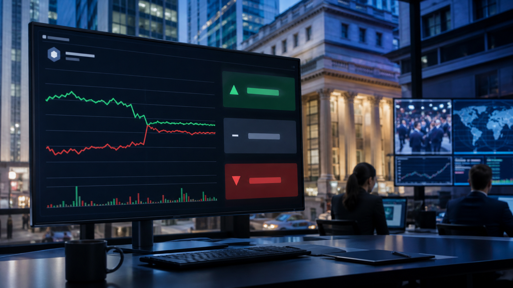 Unbranded bank and prediction-market editorial scene