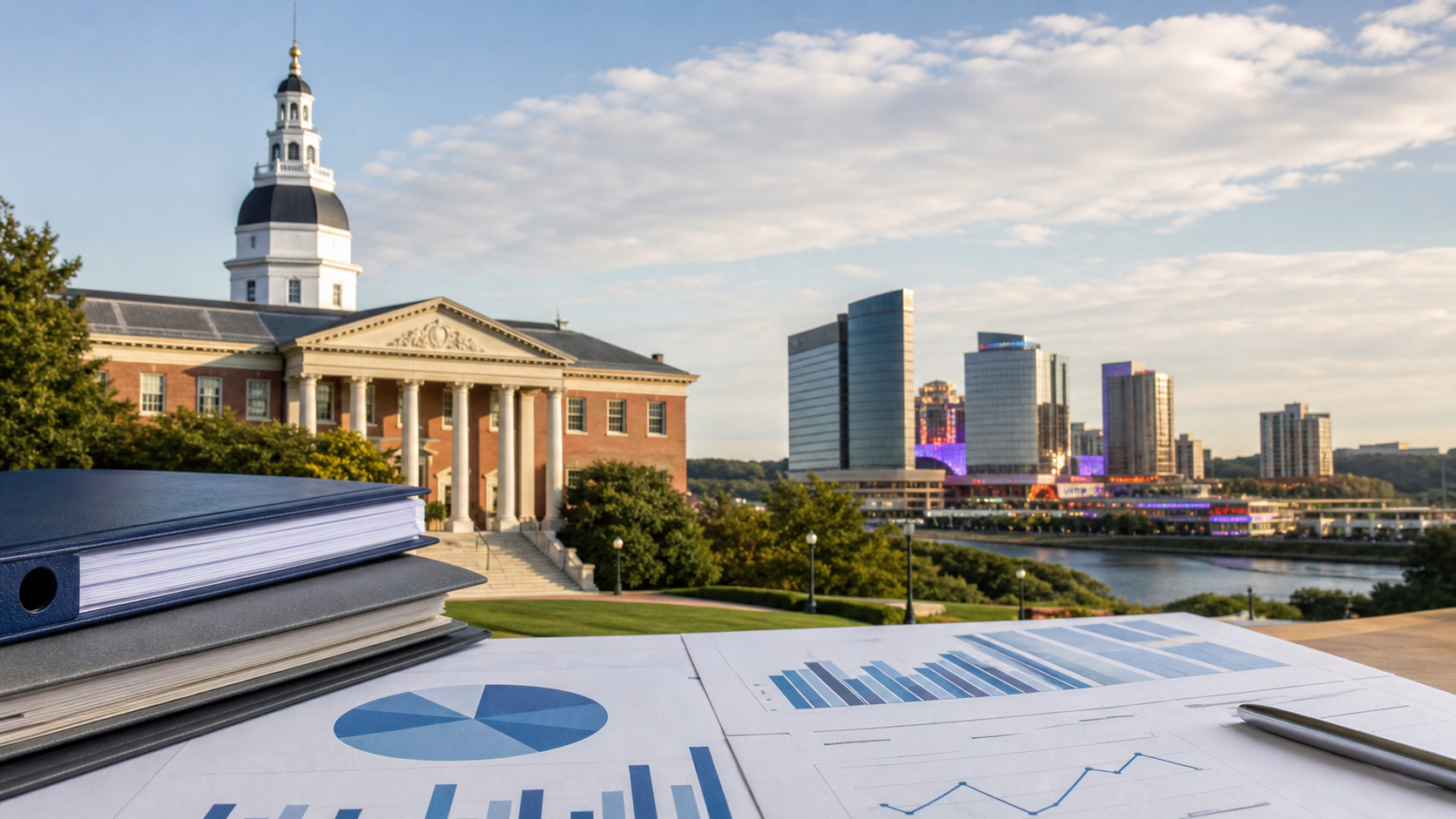 Maryland public-budget documents and casino skyline