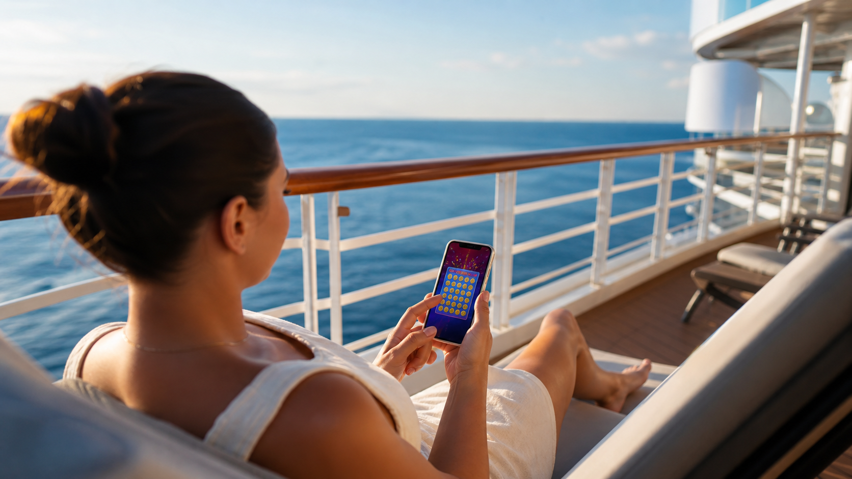 Cruise ship passenger using a mobile lottery app near the onboard casino