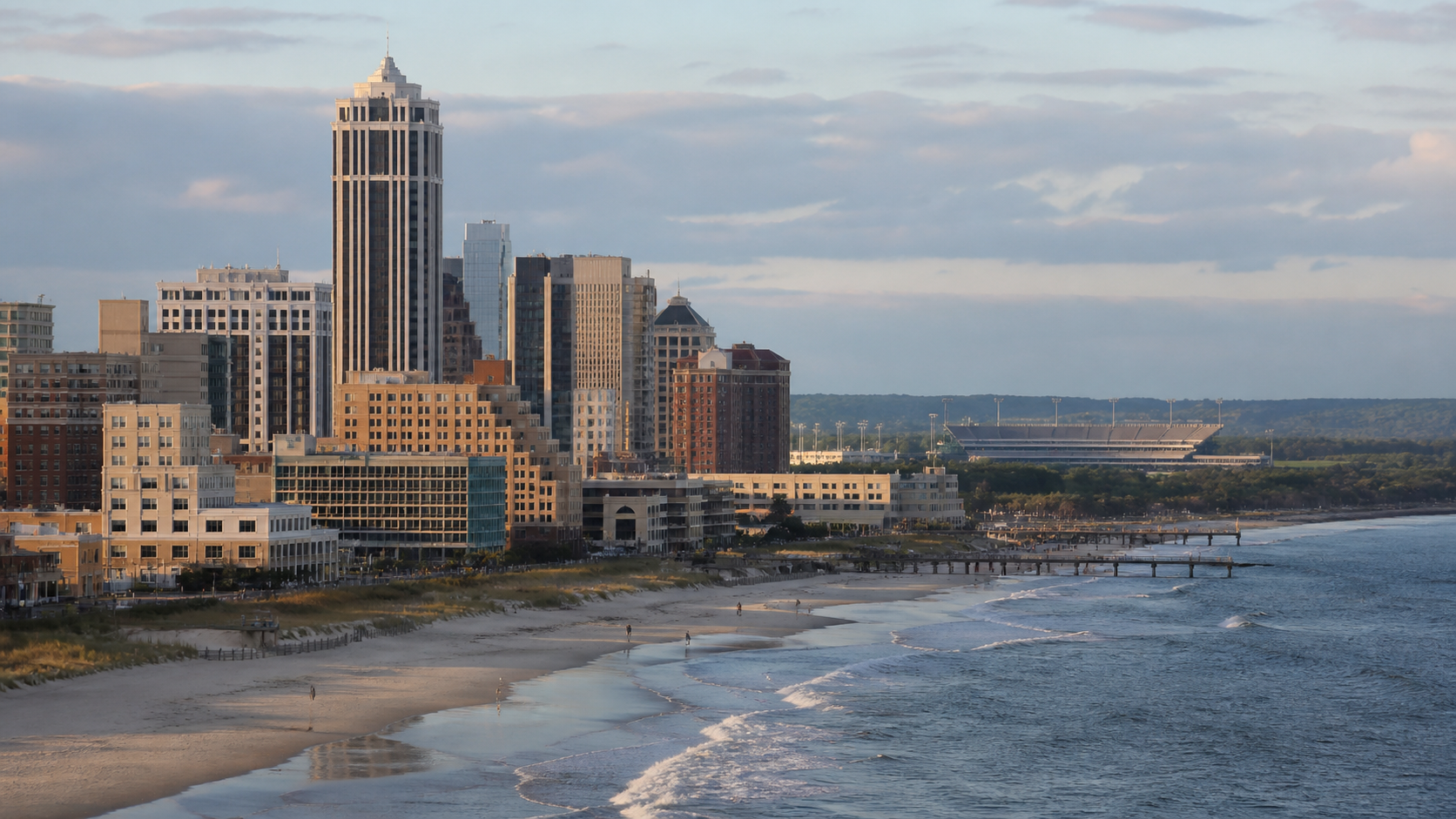 Atlantic City casino skyline viewed from the boardwalk at dusk