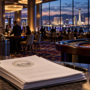 Editorial illustration of Nevada casino regulation, a gaming salon floor, and official rule documents