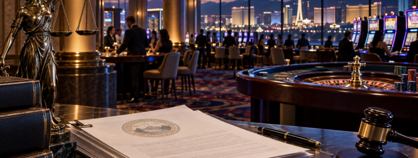 Editorial illustration of Nevada casino regulation, a gaming salon floor, and official rule documents