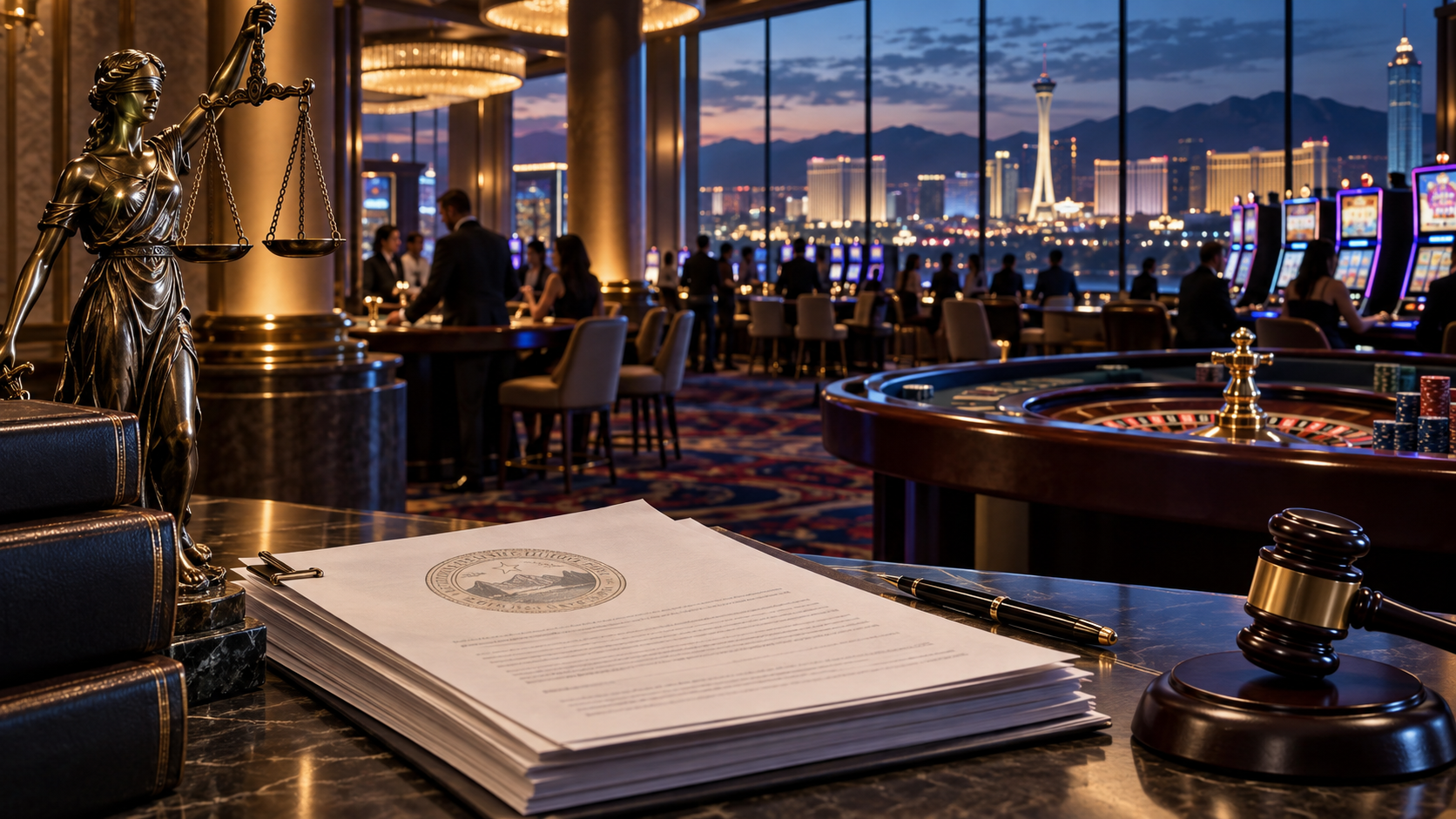 Editorial illustration of Nevada casino regulation, a gaming salon floor, and official rule documents