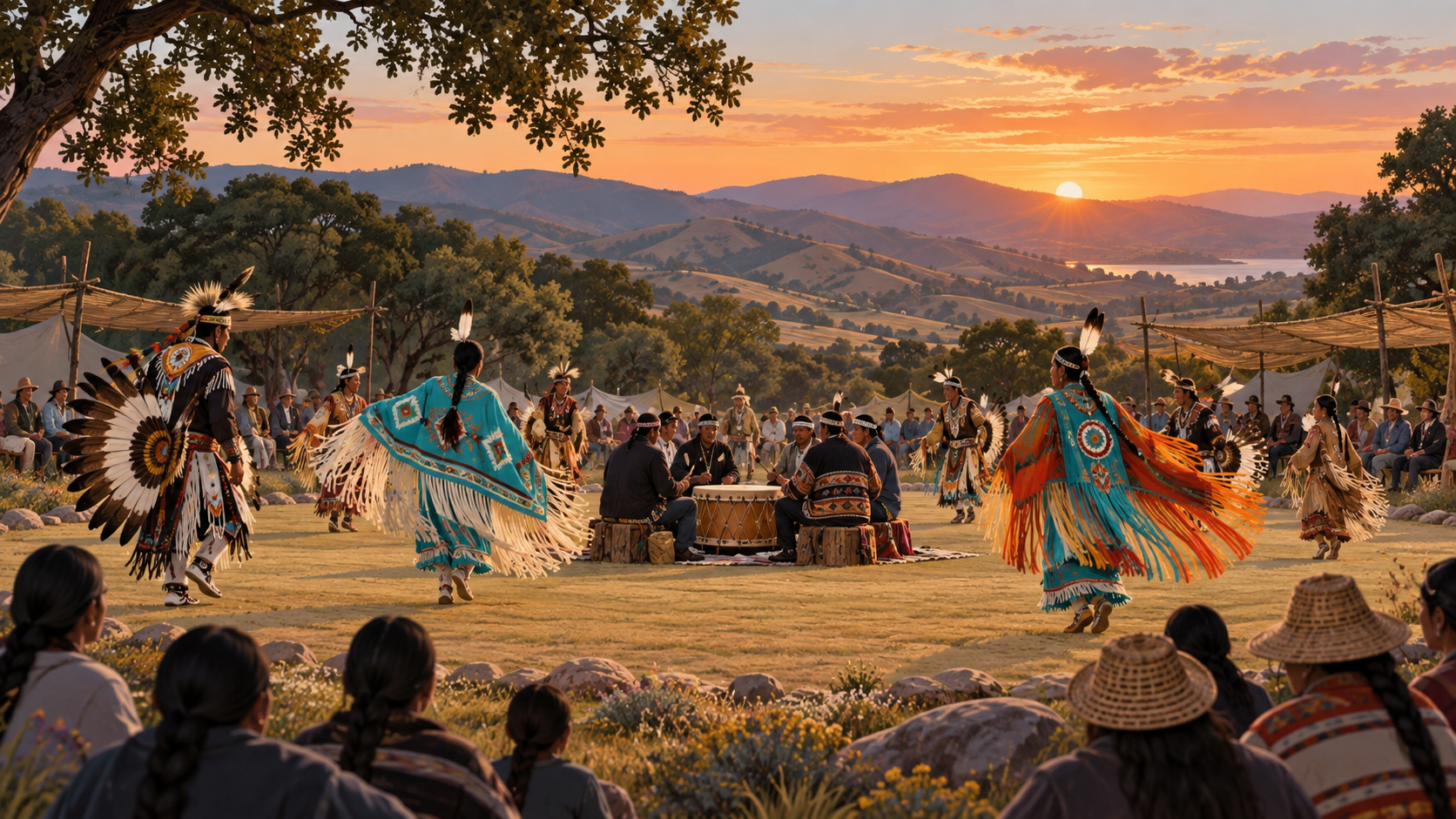 Editorial illustration of a California tribal cultural gathering with drums and regalia