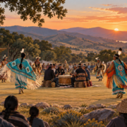 Editorial illustration of a California tribal cultural gathering with drums and regalia