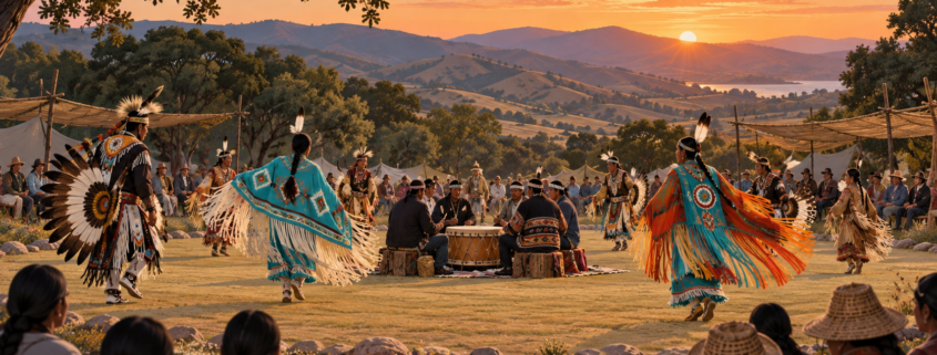Editorial illustration of a California tribal cultural gathering with drums and regalia