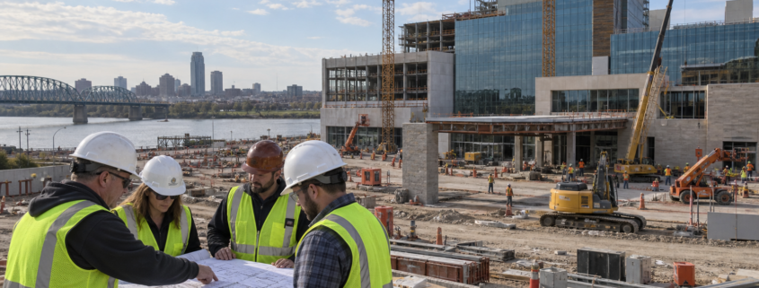Editorial illustration of a Council Bluffs casino resort development with a construction site