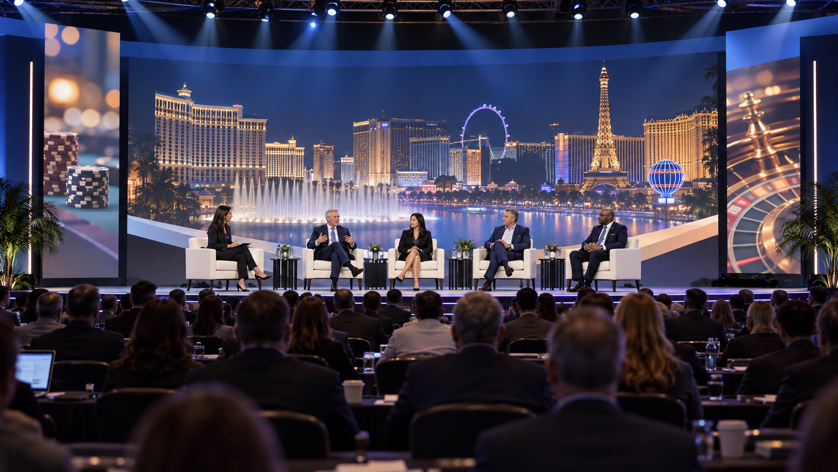 Editorial illustration of the G2E 2026 main stage, Las Vegas, and casino-industry speakers