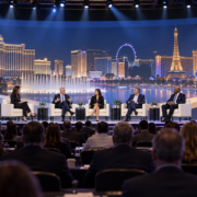 Editorial illustration of the G2E 2026 main stage, Las Vegas, and casino-industry speakers