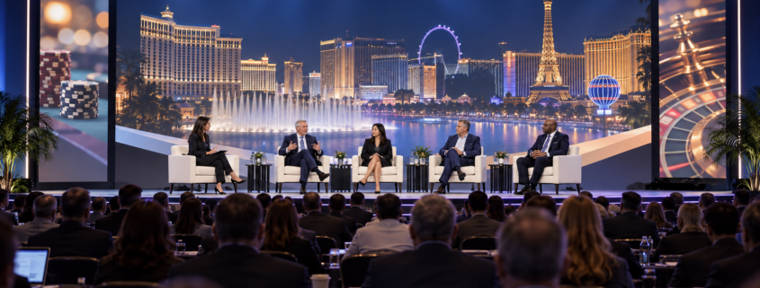 Editorial illustration of the G2E 2026 main stage, Las Vegas, and casino-industry speakers