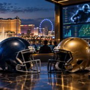 Editorial illustration of Las Vegas NFL betting trends, Bills and Dolphins helmets, and sportsbook analytics
