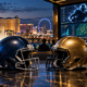 Editorial illustration of Las Vegas NFL betting trends, Bills and Dolphins helmets, and sportsbook analytics