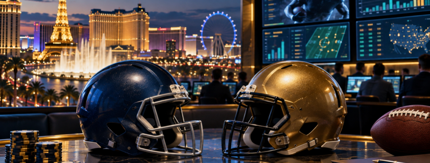 Editorial illustration of Las Vegas NFL betting trends, Bills and Dolphins helmets, and sportsbook analytics