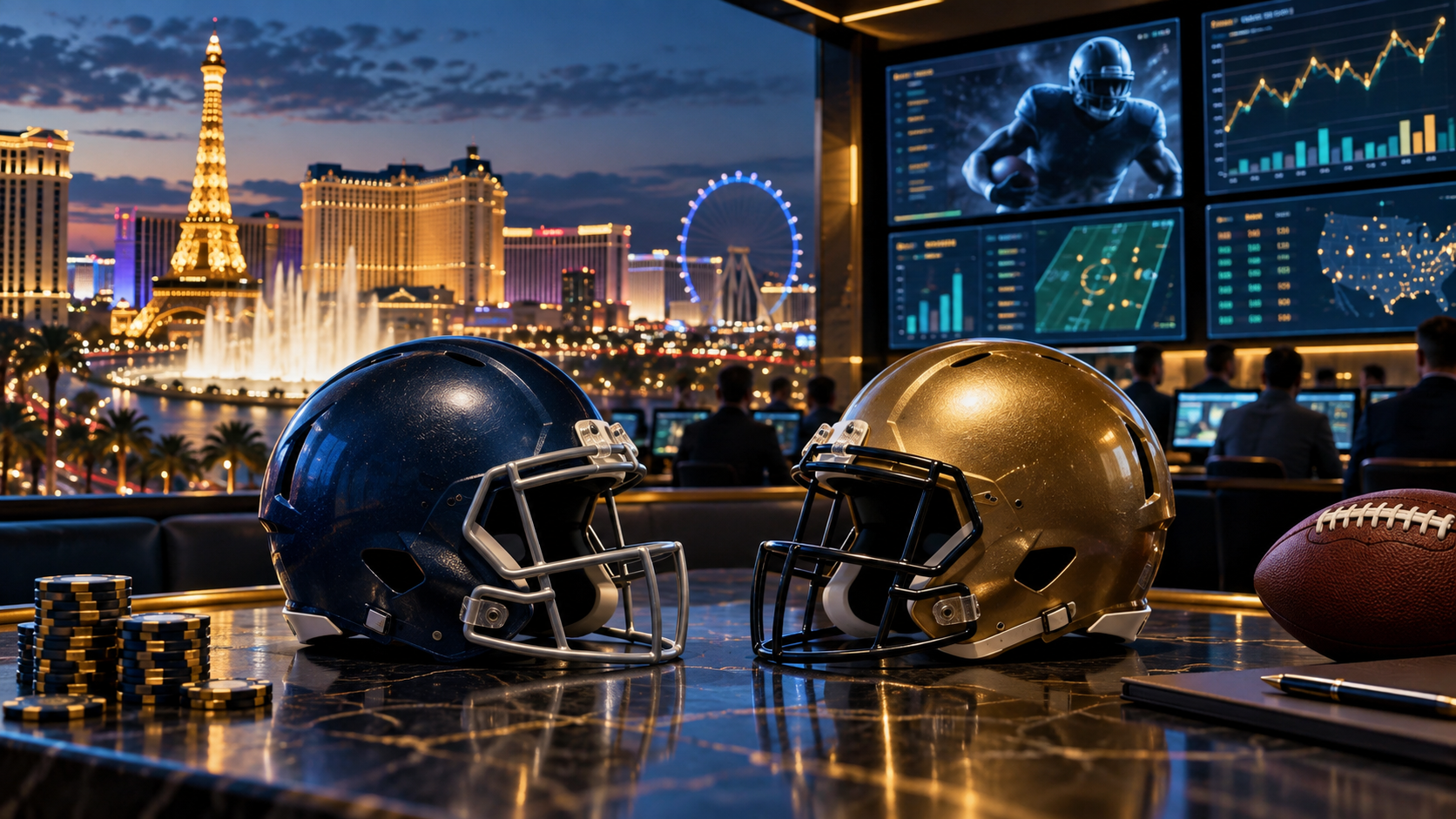 Editorial illustration of Las Vegas NFL betting trends, Bills and Dolphins helmets, and sportsbook analytics