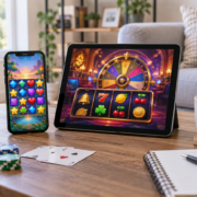 Editorial illustration of new social casinos, mobile gaming interfaces, and responsible online play