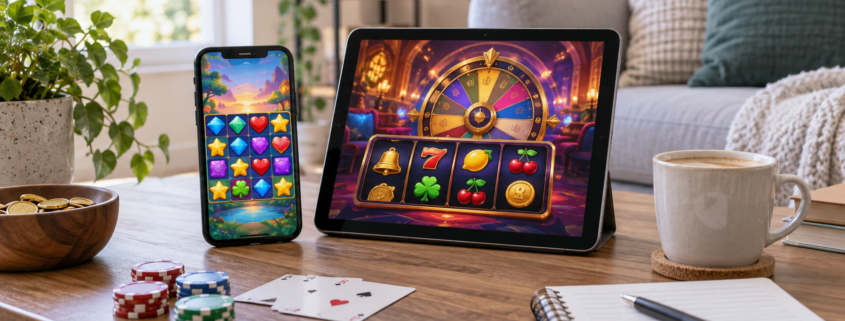 Editorial illustration of new social casinos, mobile gaming interfaces, and responsible online play