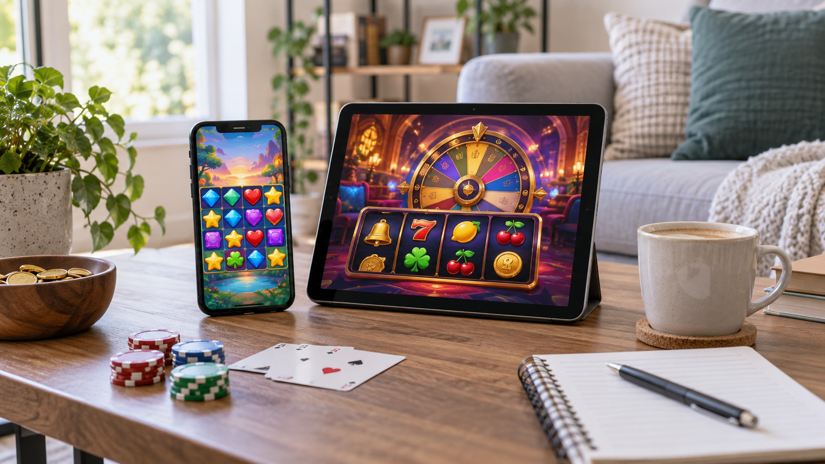 Editorial illustration of new social casinos, mobile gaming interfaces, and responsible online play