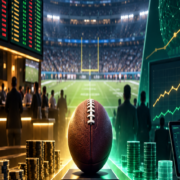 Editorial illustration of NFL betting handle, sportsbooks, prediction markets, and football analytics