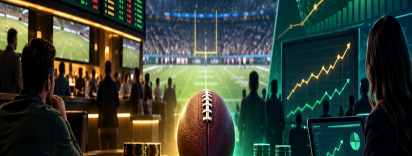 Editorial illustration of NFL betting handle, sportsbooks, prediction markets, and football analytics