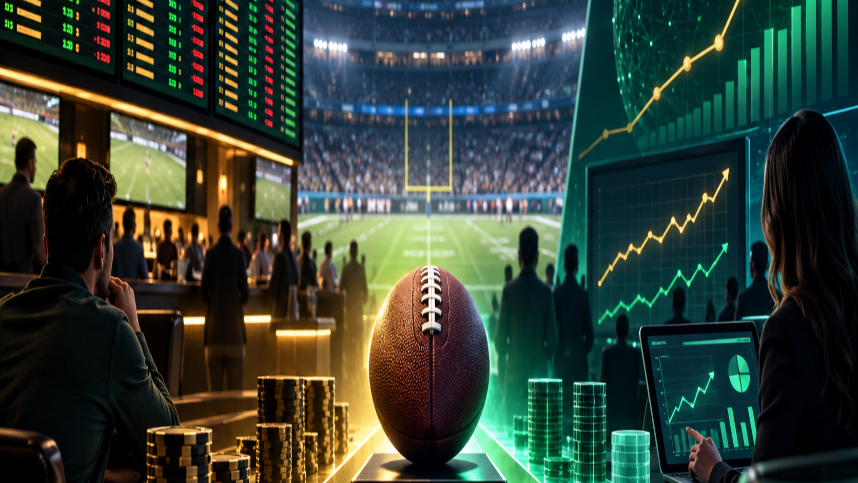 Editorial illustration of NFL betting handle, sportsbooks, prediction markets, and football analytics