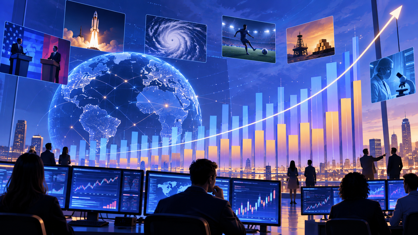 Editorial illustration of prediction-market volume, event contracts, and exchange analytics