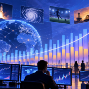 Editorial illustration of prediction-market volume, event contracts, and exchange analytics