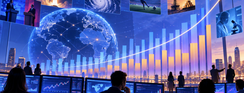 Editorial illustration of prediction-market volume, event contracts, and exchange analytics