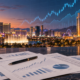 Editorial illustration of casino-company stock analysis with a Las Vegas skyline