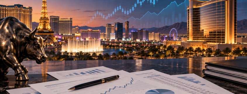 Editorial illustration of casino-company stock analysis with a Las Vegas skyline