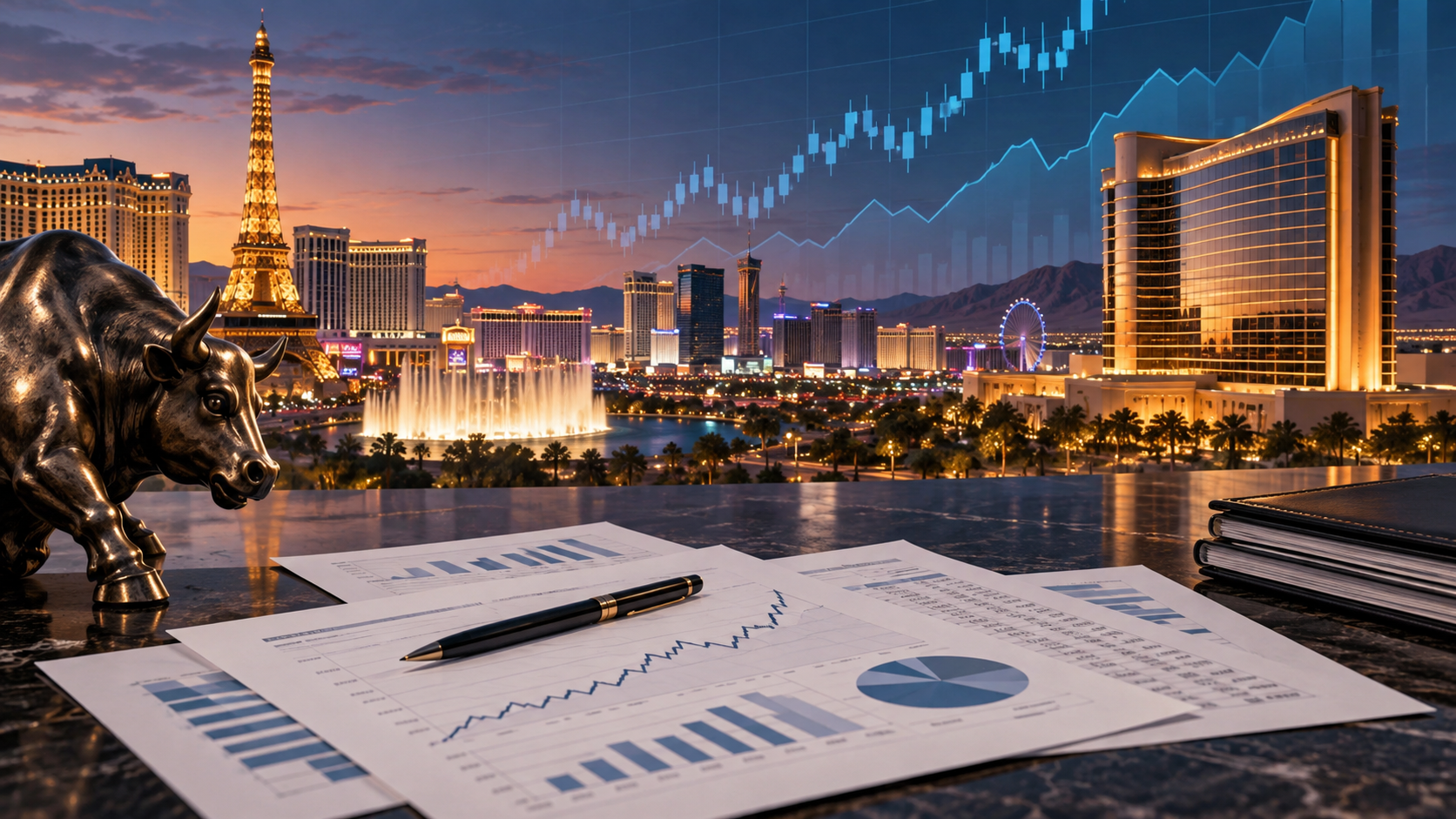 Editorial illustration of casino-company stock analysis with a Las Vegas skyline