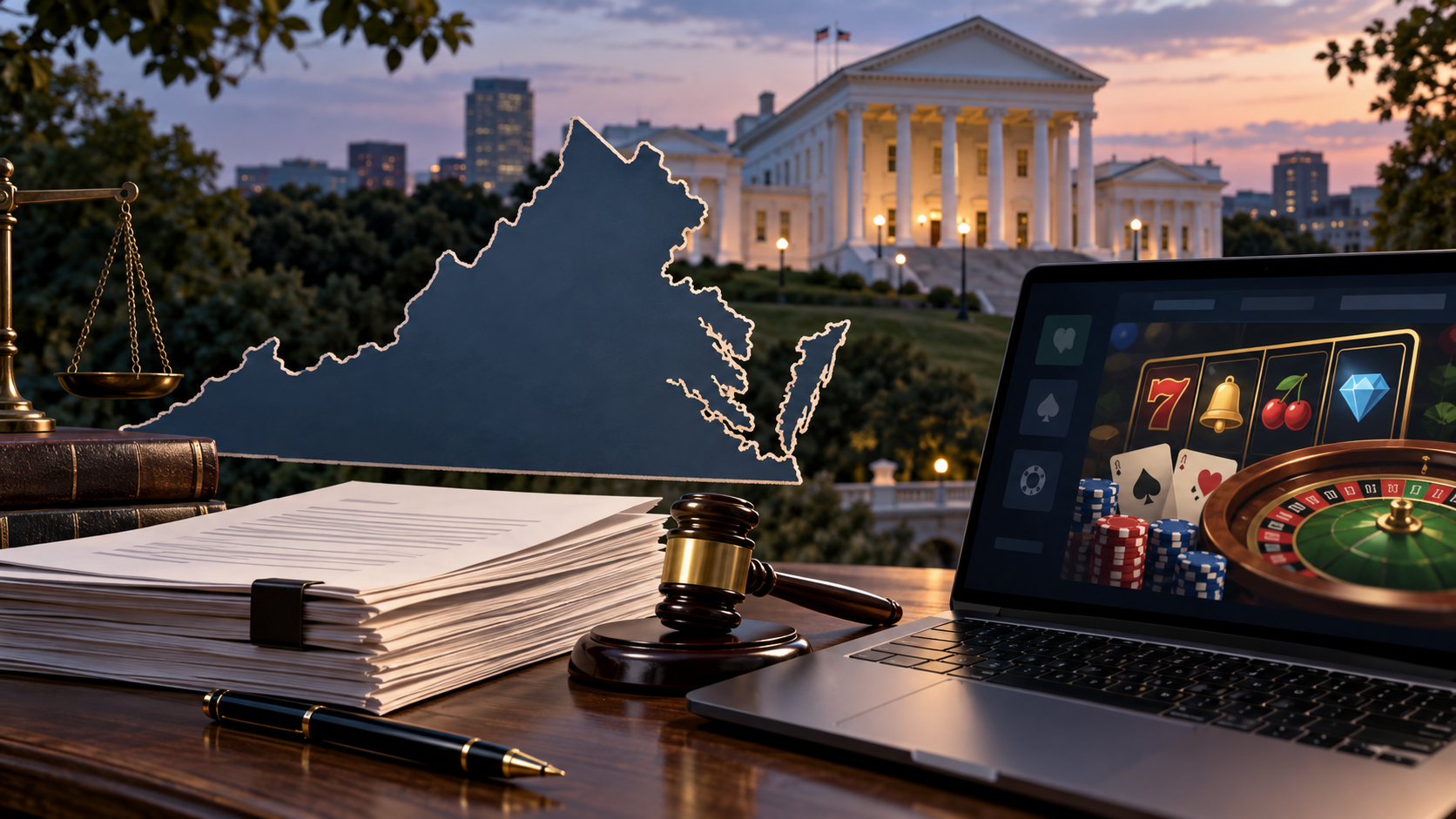 Editorial illustration of Virginia iGaming legislation, a state capitol, and online casino technology
