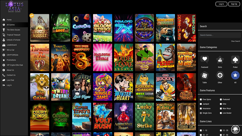 Lotus Asia’s desktop game lobby from Chipy’s review gallery.