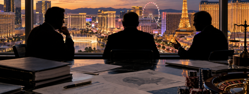 Editorial illustration of casino prediction markets, Las Vegas operators, and regulatory questions