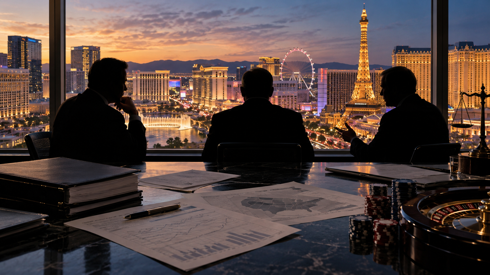 Editorial illustration of casino prediction markets, Las Vegas operators, and regulatory questions