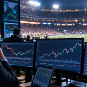 Editorial illustration of sports-betting financial markets and prediction-market spending