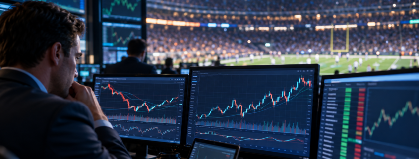 Editorial illustration of sports-betting financial markets and prediction-market spending