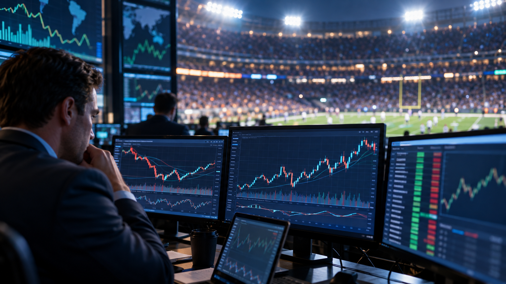 Editorial illustration of sports-betting financial markets and prediction-market spending